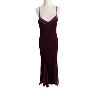 Y2K Burgundy Velvet Beaded Mesh Maxi Gown Dress 8 Whimsigoth Fairy HOCO Event